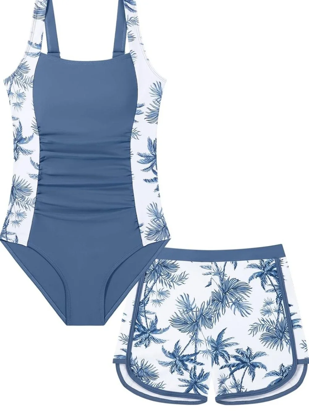 NWT Girls Colorblock Ruched One Piece Swimsuit with Shorts for Teens